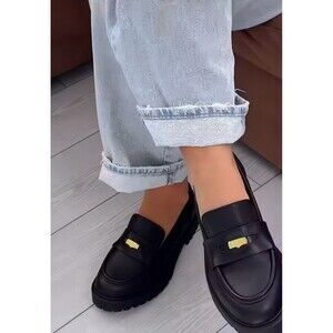 WYDR Studios Sam Lucky Penny Black Leather Lug Sole Loafers Size 8 EEEUC!!